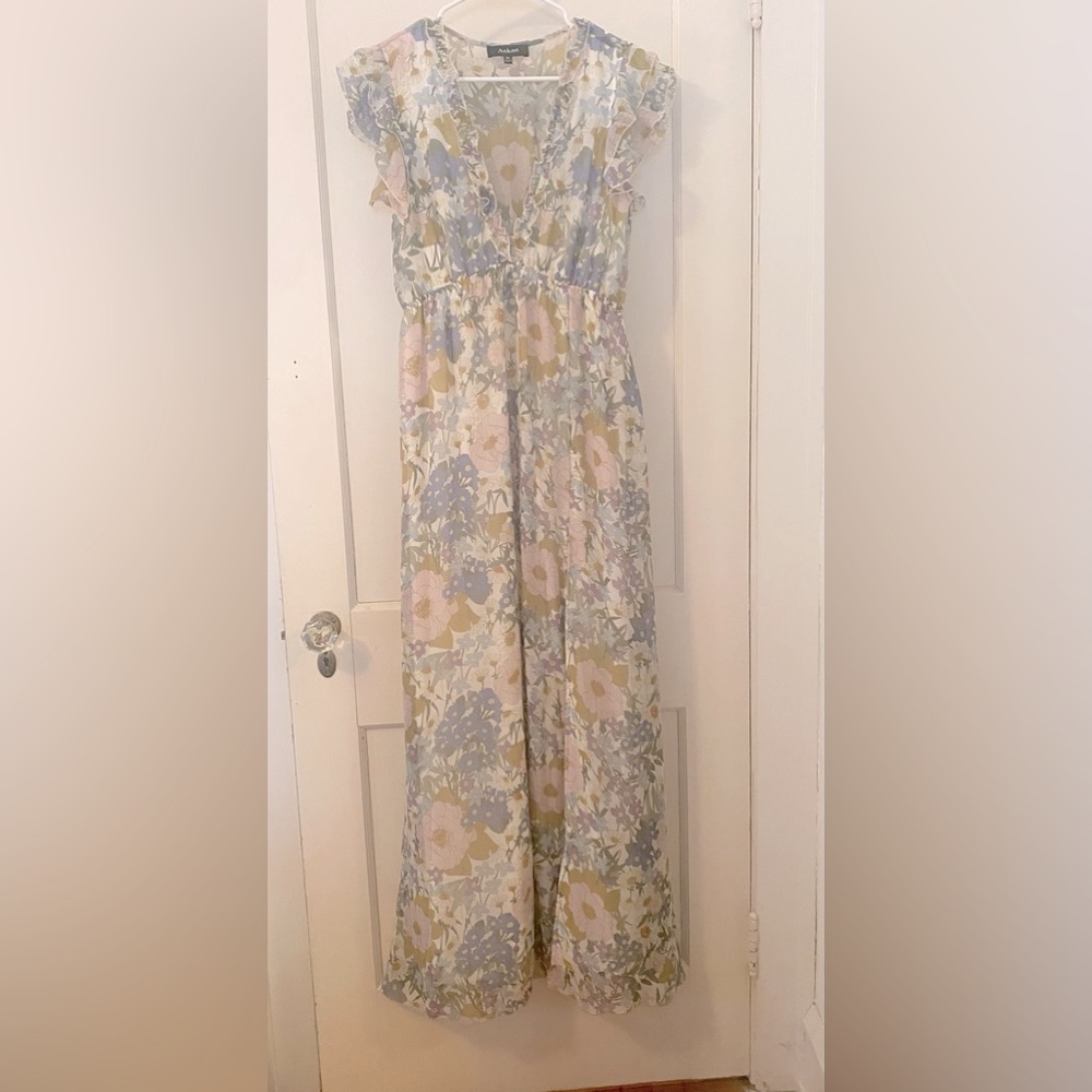 Short sleeve, floral print maxi dress with elastic waist